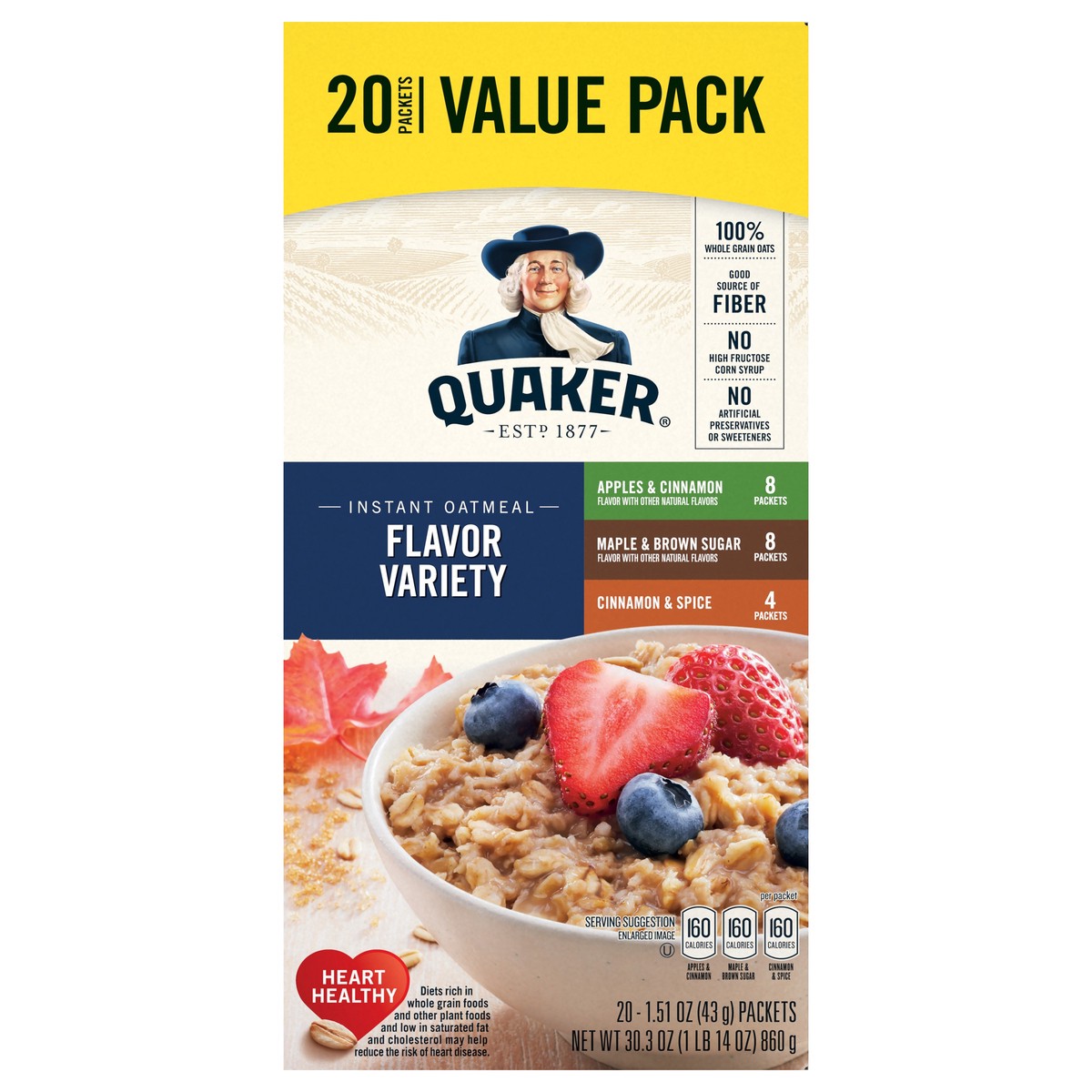 slide 1 of 8, Quaker Instant Oatmeal, Apples & Cinnamon/Maple & Brown Sugar/Cinnamon & Spice, Flavor Variety, Value Pack, 20 ct
