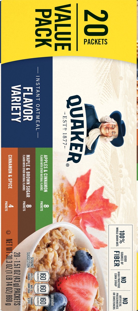slide 2 of 8, Quaker Instant Oatmeal, Apples & Cinnamon/Maple & Brown Sugar/Cinnamon & Spice, Flavor Variety, Value Pack, 20 ct
