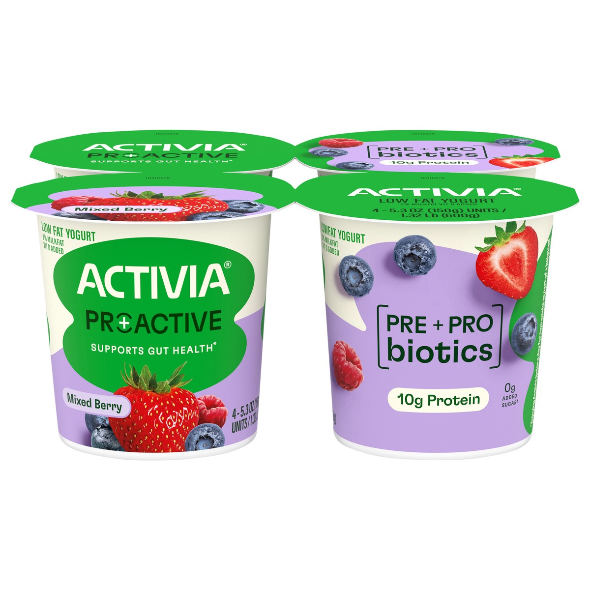 slide 1 of 5, Activia Proactive Mixed Berry Probiotic Yogurt, Probiotic Low Fat Yogurt Cups, 5.3 Oz, 4 Ct, 4 ct