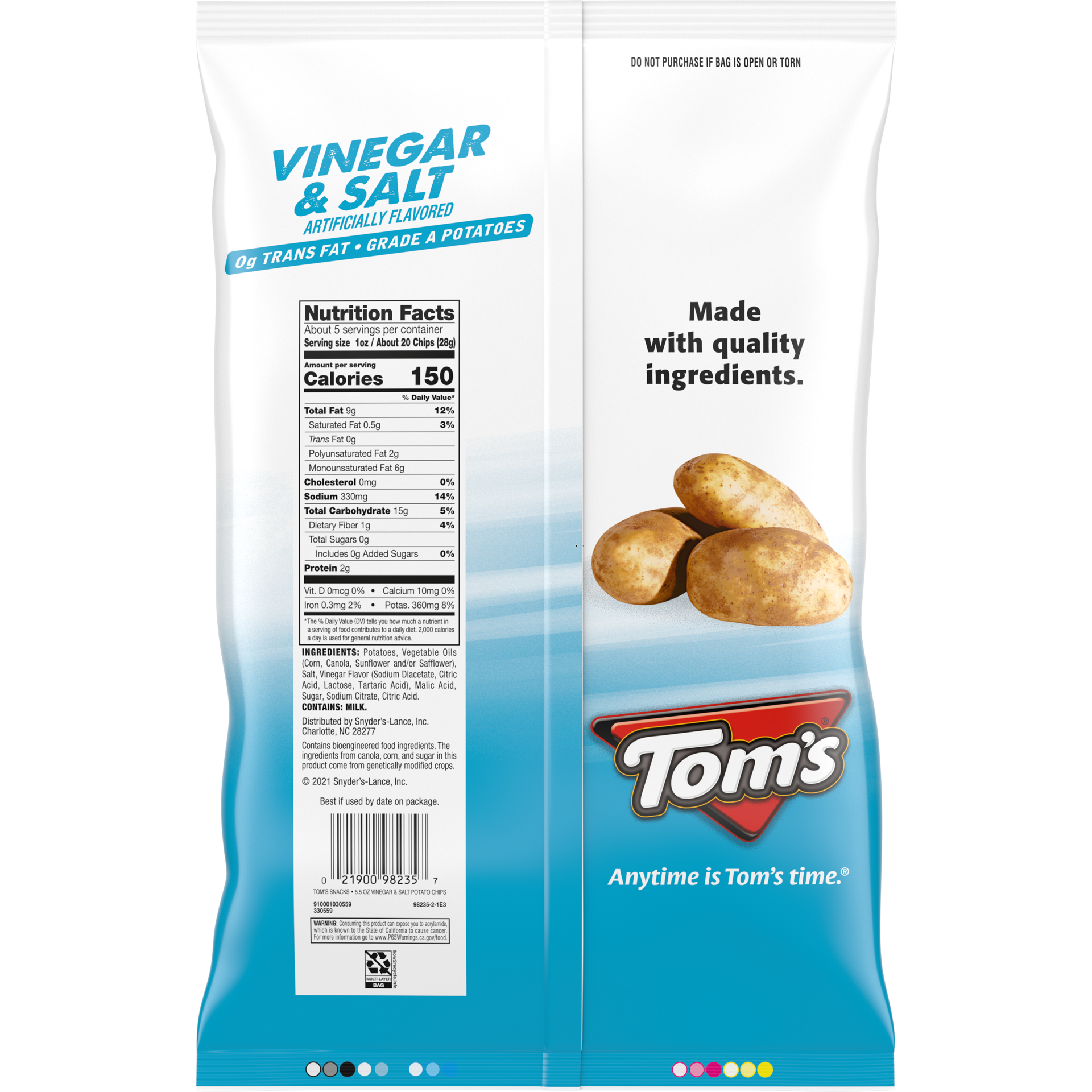 slide 2 of 5, Tom's Potato Chips, Vinegar and Salt, 5.5 Oz Snack Bag, 5.5 oz