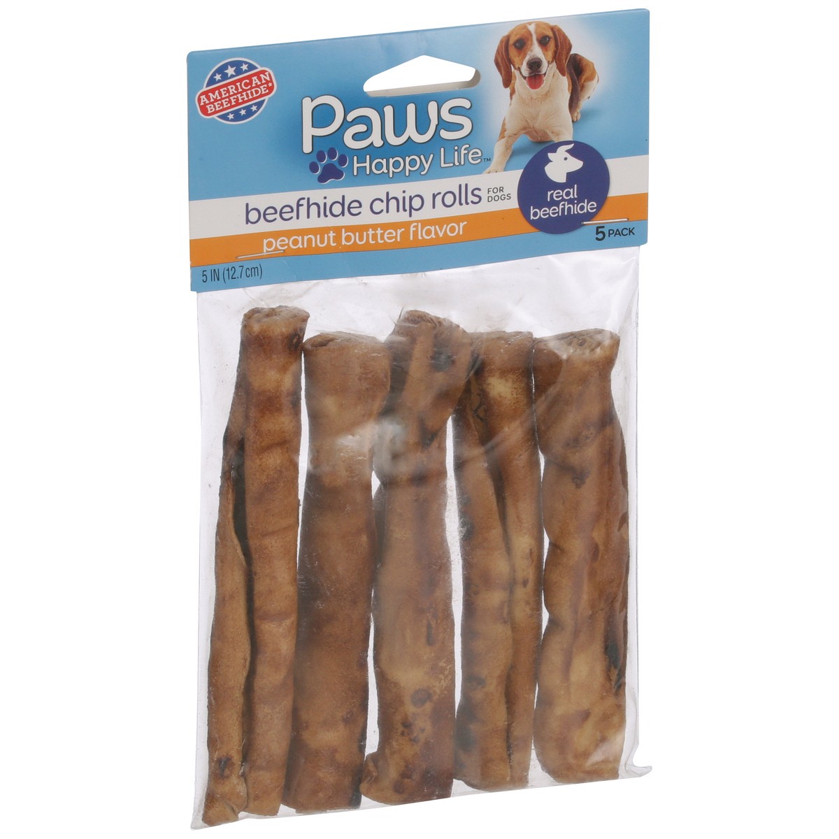 slide 2 of 8, Paws Happy Life Premium Beefhide Chip Rolls Peanut Butter Flavored, 5 ct