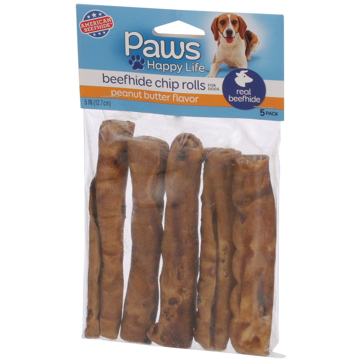 slide 3 of 8, Paws Happy Life Premium Beefhide Chip Rolls Peanut Butter Flavored, 5 ct