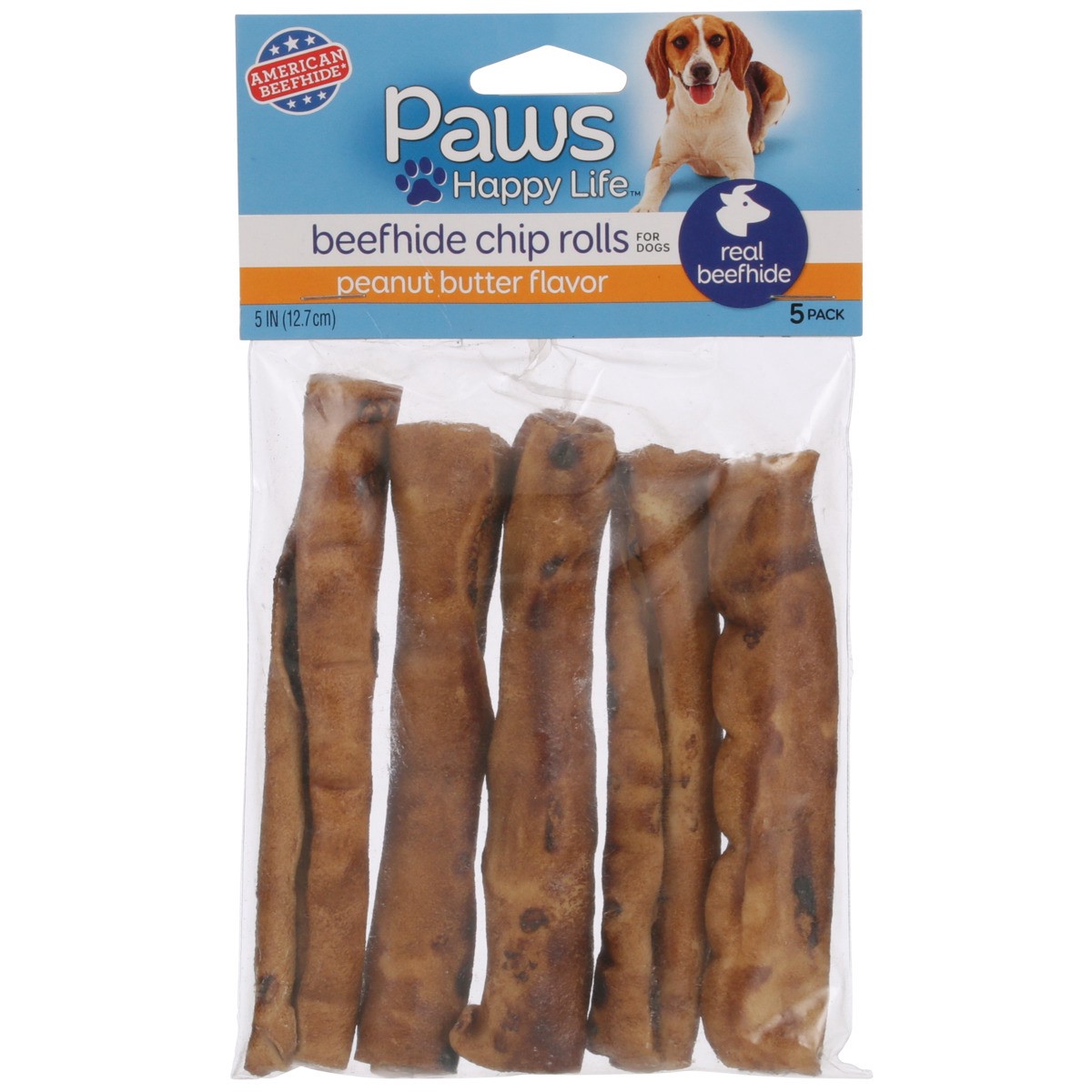 slide 7 of 8, Paws Happy Life Premium Beefhide Chip Rolls Peanut Butter Flavored, 5 ct