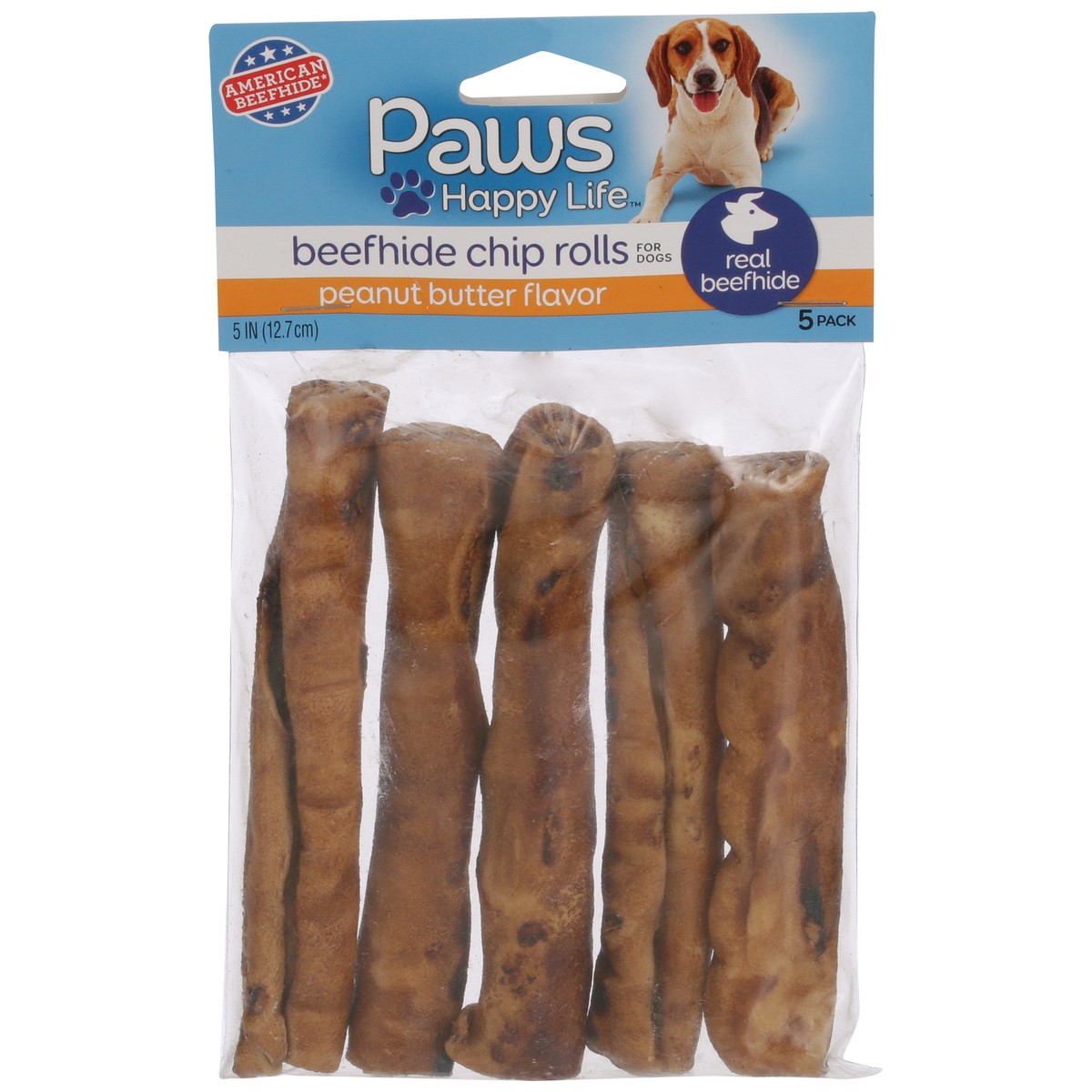 slide 1 of 8, Paws Happy Life Premium Beefhide Chip Rolls Peanut Butter Flavored, 5 ct