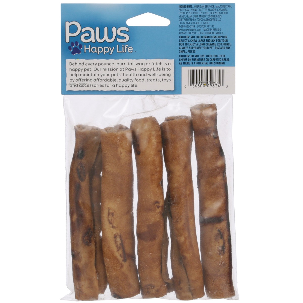 slide 8 of 8, Paws Happy Life Premium Beefhide Chip Rolls Peanut Butter Flavored, 5 ct