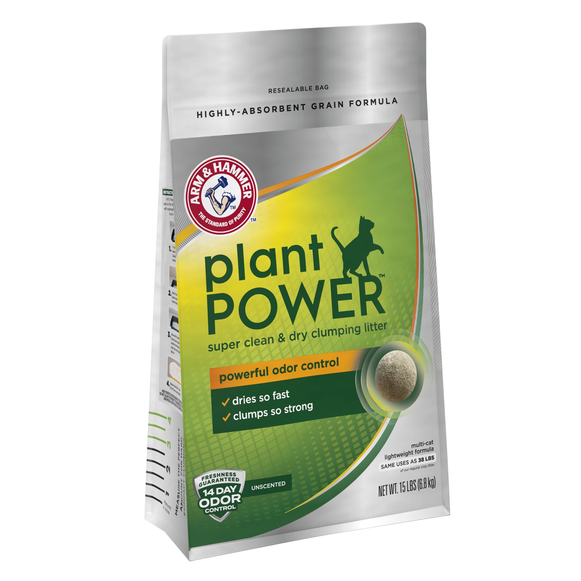 slide 5 of 5, ARM & HAMMER Plant Power Unscented Lightweight Clumping Cat Litter, 14-Day Odor Control for Multi-Cat Households, Super Absorbent Naturally Derived Corn & Wheat Formula, 15 Lbs, 15 lb