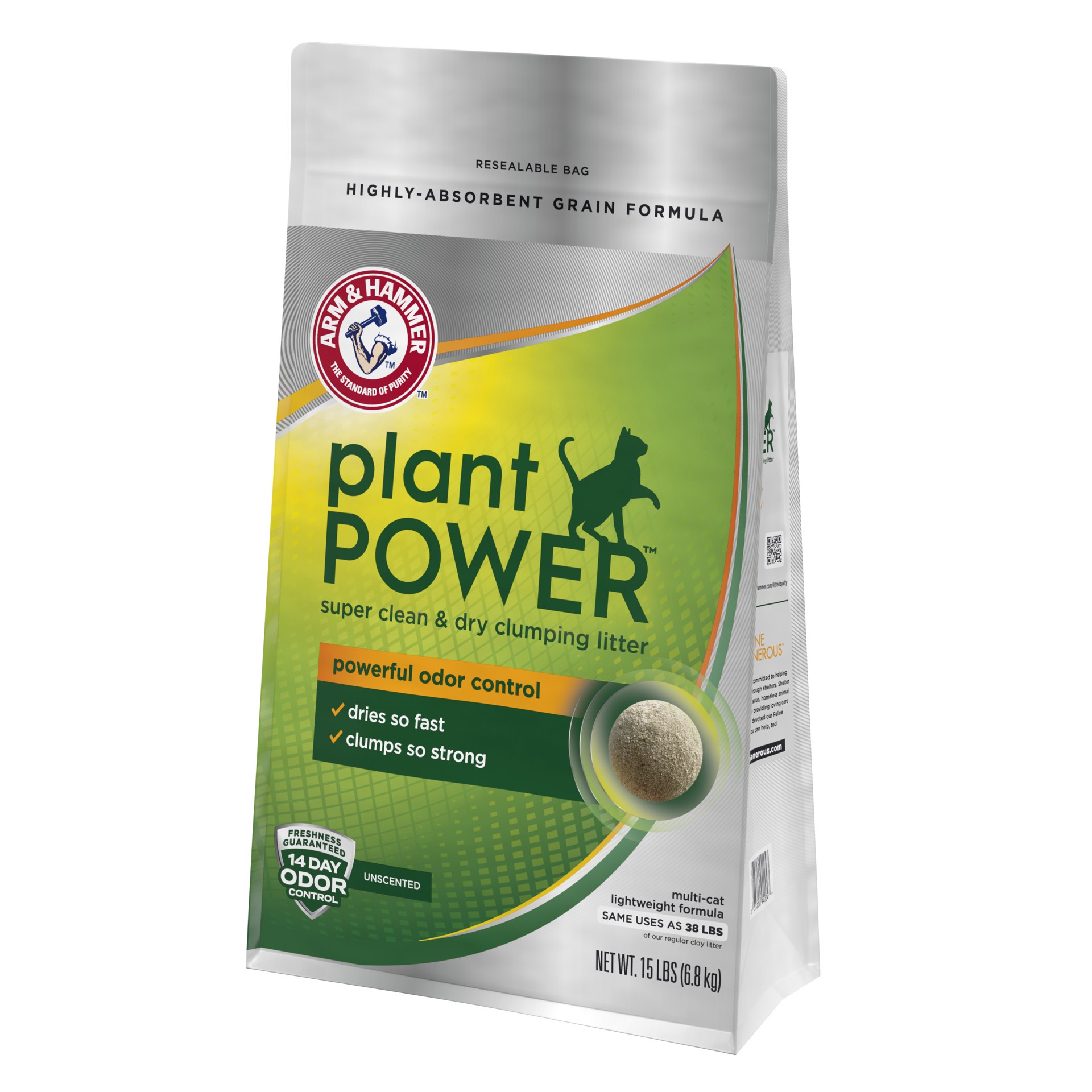 slide 2 of 5, ARM & HAMMER Plant Power Unscented Lightweight Clumping Cat Litter, 14-Day Odor Control for Multi-Cat Households, Super Absorbent Naturally Derived Corn & Wheat Formula, 15 Lbs, 15 lb