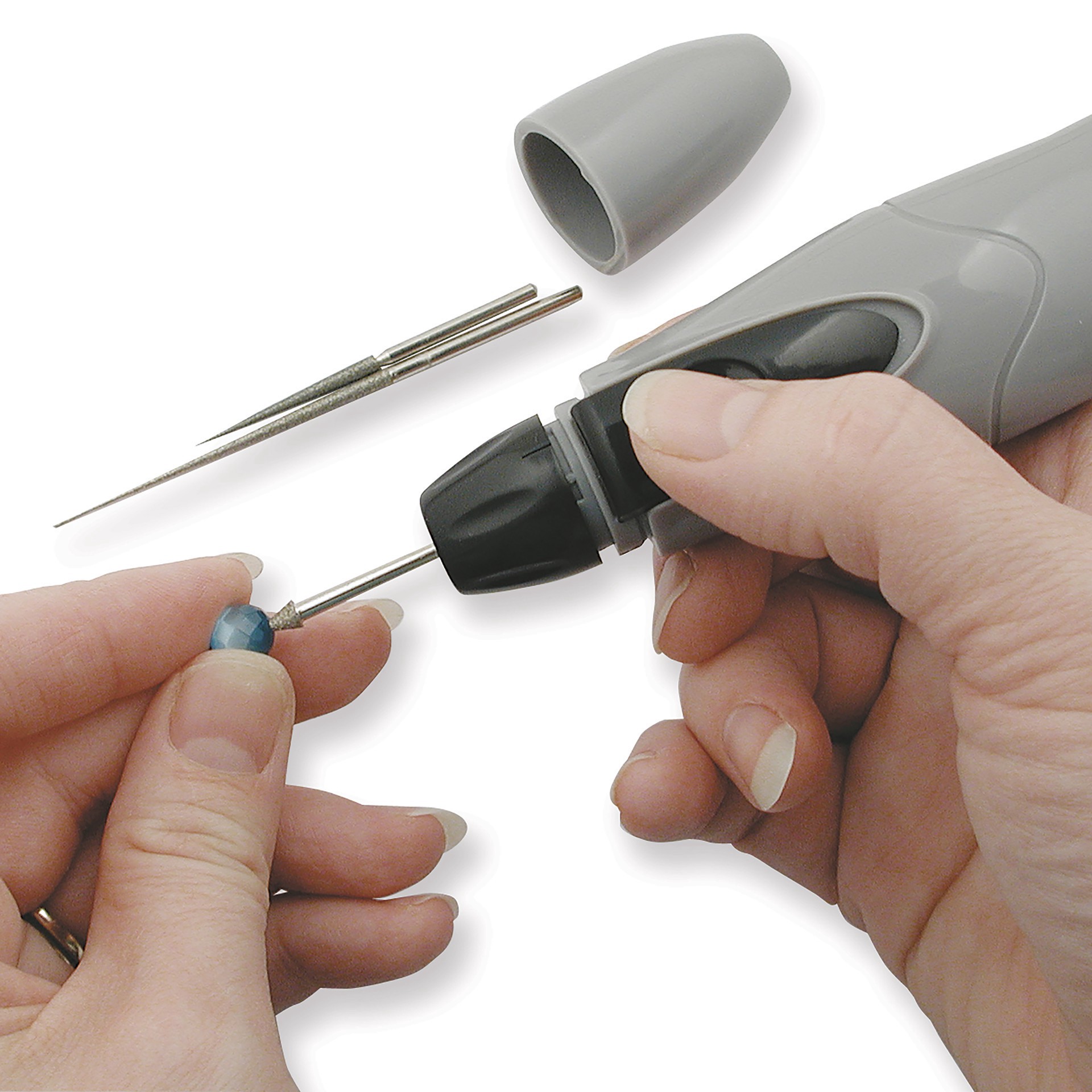 slide 4 of 4, The Beadsmith Cordless Bead Reamer, includes 3 interchangeable diamond grit tips