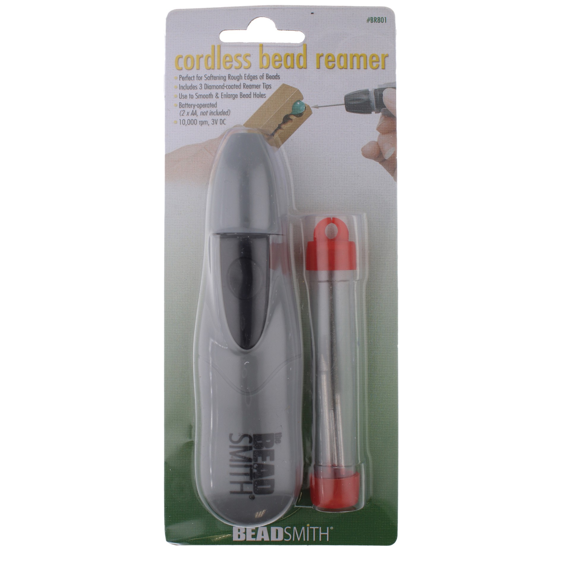 slide 3 of 4, The Beadsmith Cordless Bead Reamer, includes 3 interchangeable diamond grit tips