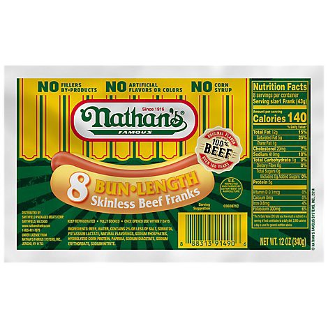 slide 1 of 1, Nathan's Famous Skinless All Beef Bun Length Hot Dogs - 8 Count - 12 Oz, 12 oz