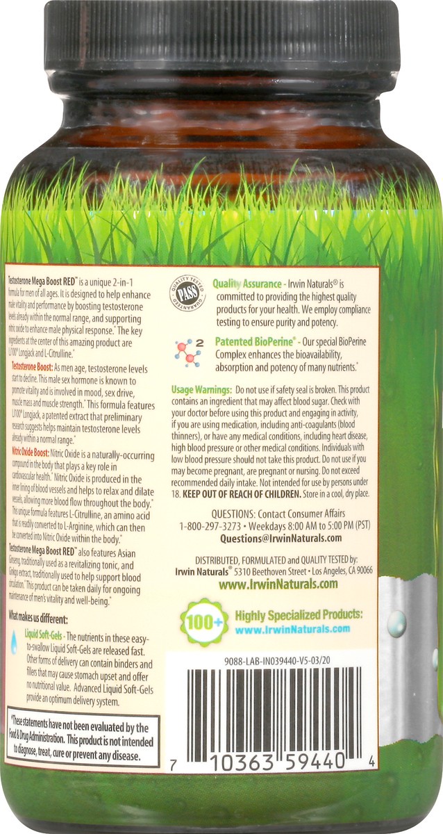 slide 11 of 12, Irwin Naturals Mega-Boost Red Men Nitric Oxide Booster Testosterone 68 Liquid Soft-Gels, 68 ct