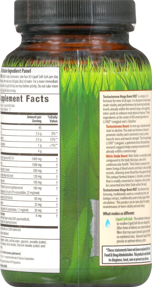 slide 10 of 12, Irwin Naturals Mega-Boost Red Men Nitric Oxide Booster Testosterone 68 Liquid Soft-Gels, 68 ct