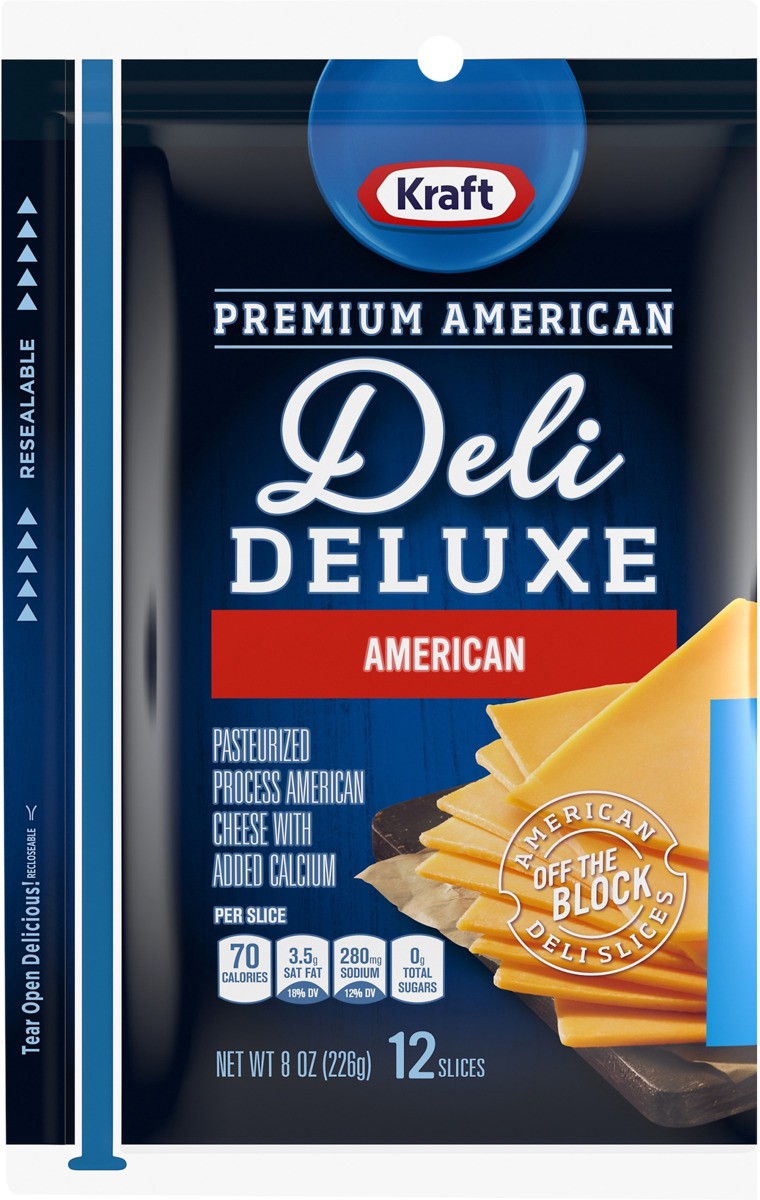 slide 7 of 8, Kraft Premium American Deli Deluxe Cheese Slices, 12 ct - 8.0 oz Wrapper, 8 oz