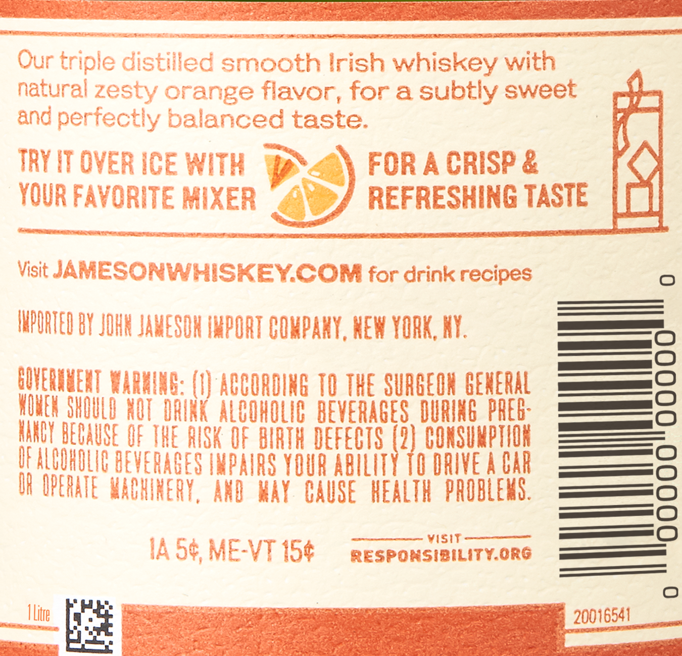 slide 7 of 10, Jameson Orange Irish Whiskey, 1 L Bottle, 30% ABV, 