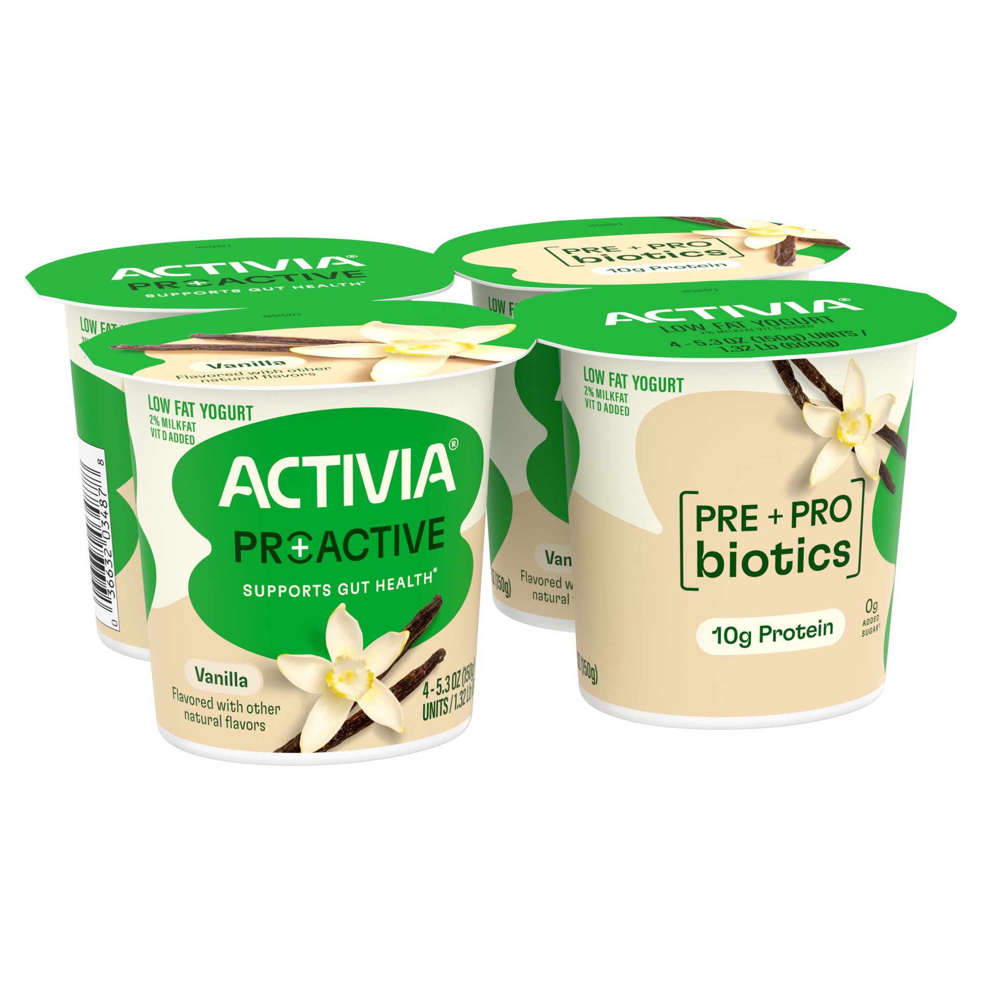 slide 2 of 5, Activia Proactive Vanilla Prebiotic and Probiotic Yogurt, Creamy Low Fat Yogurt Cups, 5.3 oz, 4 Count​, 5.3 oz
