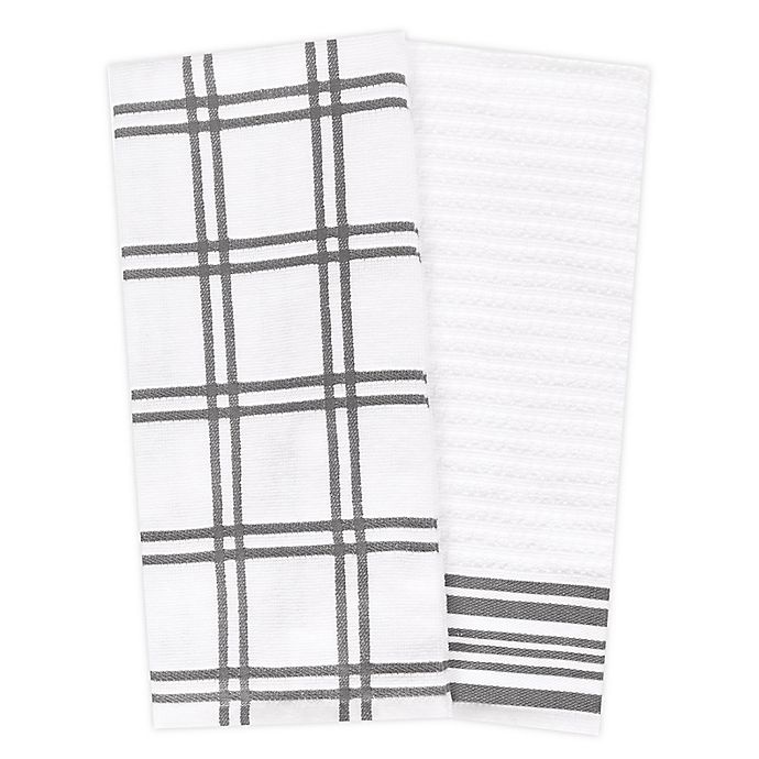 slide 1 of 5, KitchenSmart Colors Plaid Windowpane Kitchen Towels - Grey, 2 ct