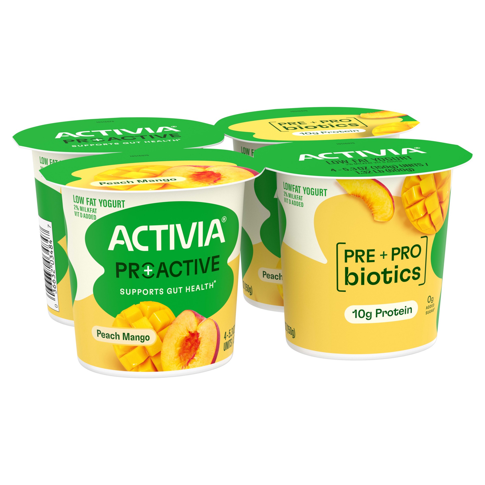slide 5 of 5, Activia Proactive Peach Mango Probiotic Yogurt, Probiotic Low Fat Yogurt Cups, 5.3 Oz, 4 Ct, 4 ct