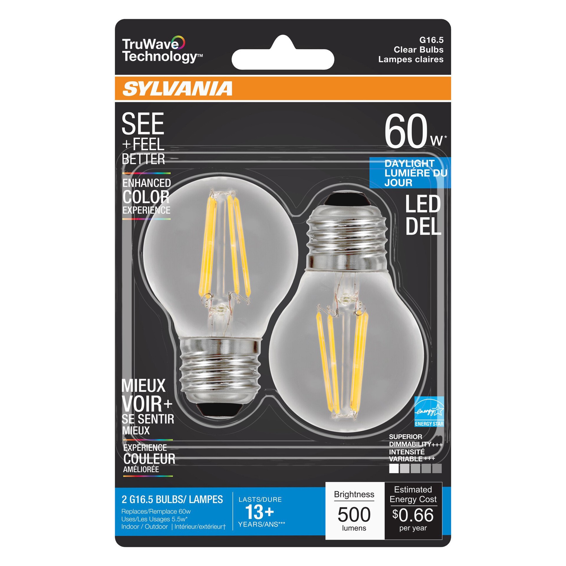 slide 1 of 1, Sylvania TruWave 60Watt G16.5 Daylight LED Light Bulbs, 2 ct