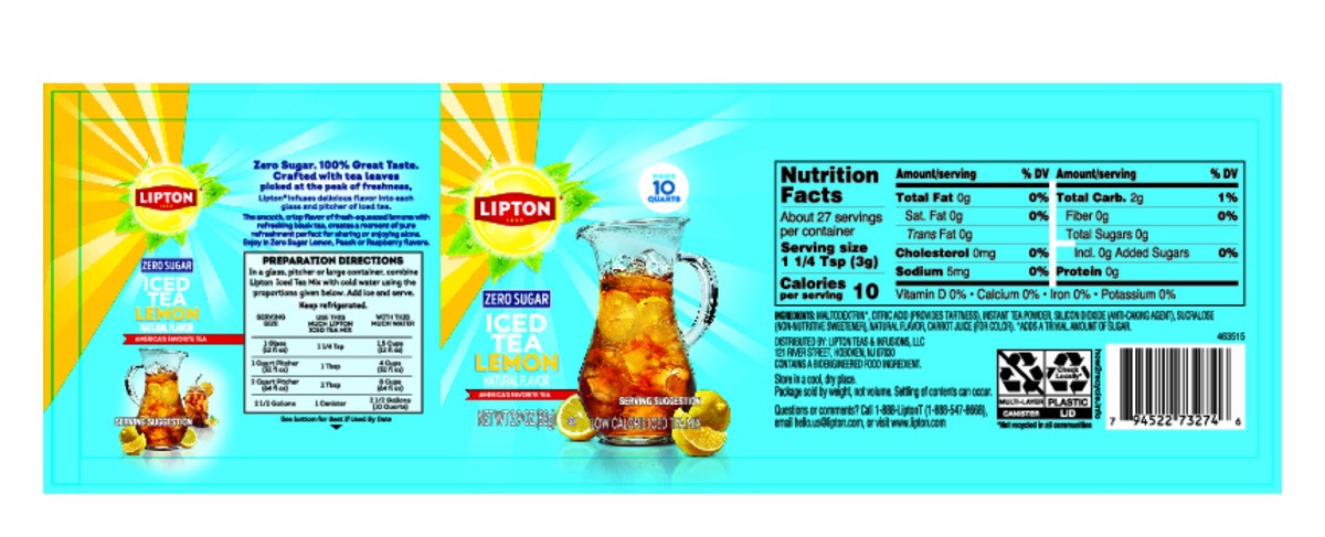 slide 5 of 8, Lipton Zero Sugar ITM 10qt Lemon, 2.9 oz