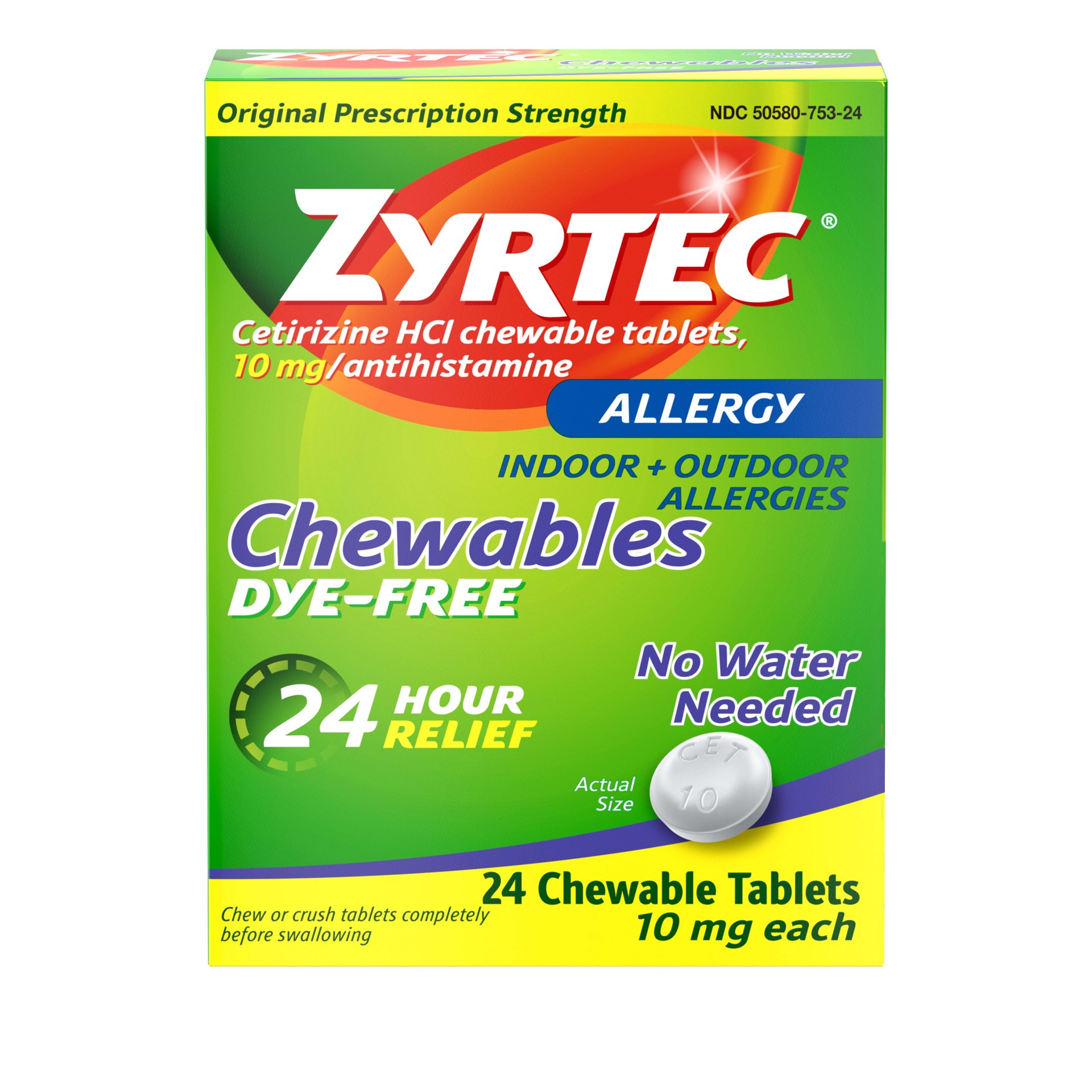 slide 1 of 7, Zyrtec 24 Hour Allergy Relief Chewable Tablets with 10 mg Cetirizine HCl Antihistamine, Allergy Relief Medicine for Allergy Symptoms Caused by Ragweed & Tree Pollen, Dye-Free, 24 ct, 24 ct; 10 mg