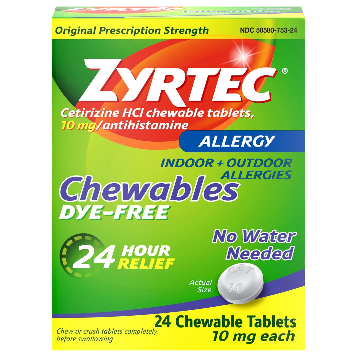 slide 1 of 7, Zyrtec 24 Hour Allergy Relief Chewables, 10 mg Cetirizine HCl, 24 ct, 24 ct; 10 mg