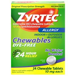 Zyrtec 24 Hour Allergy Relief Chewable Tablets, 10 mg Antihistamine Cetirizine HCl per Tablet, Medicine Relieves Hay Fever & Indoor & Outdoor Allergy Symptoms, Dye-Free, 24 Ct