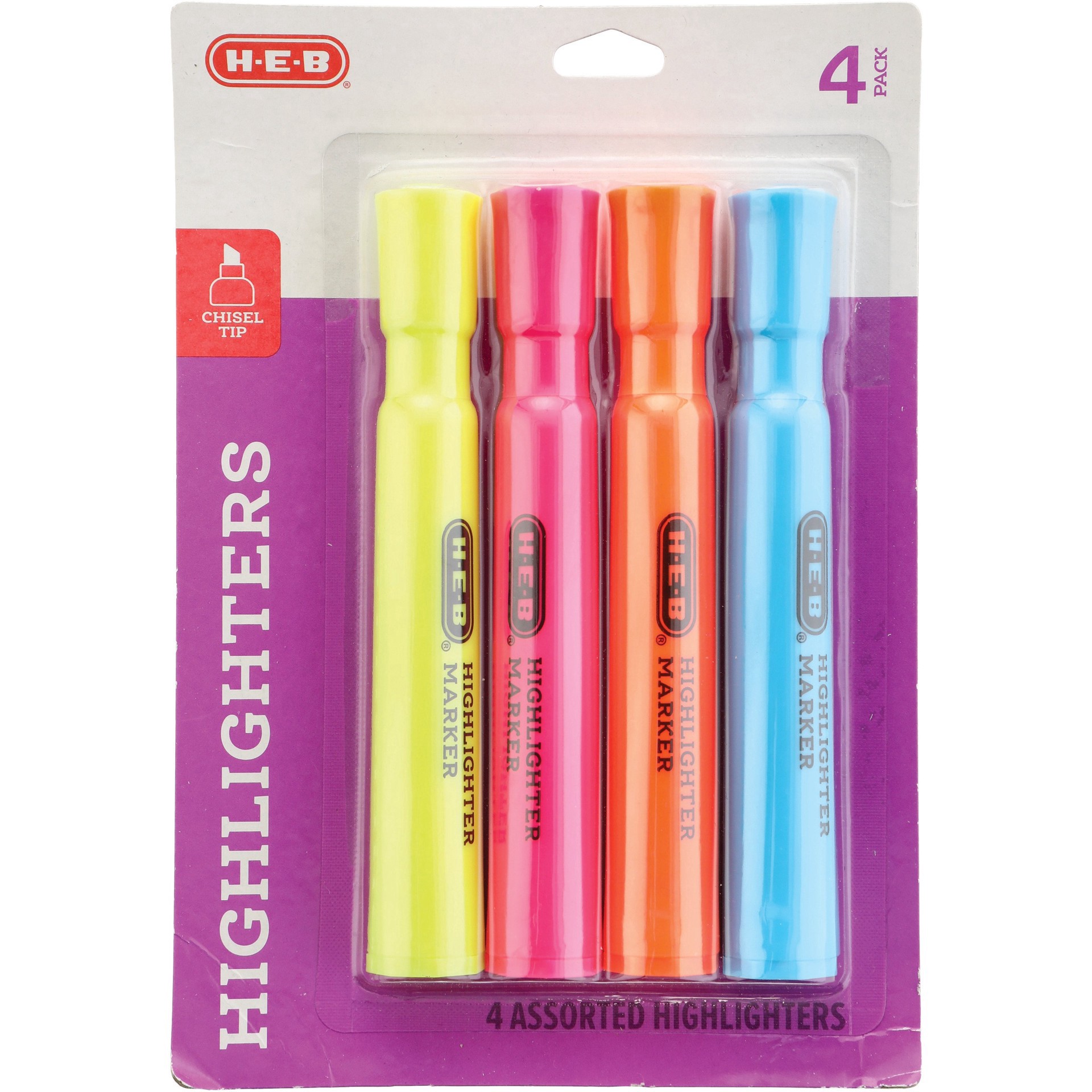 slide 1 of 1, H-E-B Chisel Tip Highlighters - Assorted Ink, 4 ct