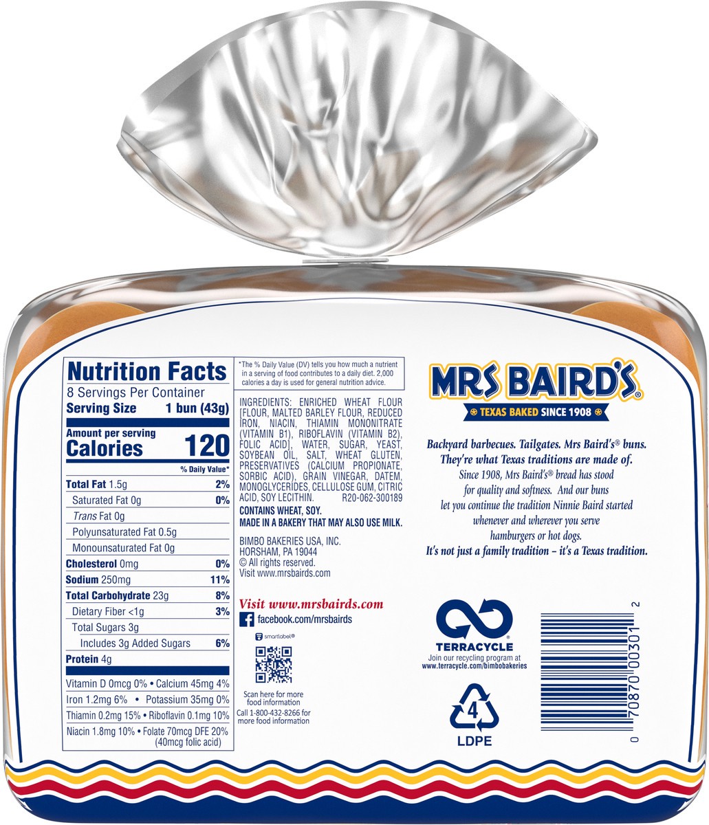 slide 9 of 14, Mrs. Baird's White Sliced Classic Buns, 8 count, 12 oz, 8 ct