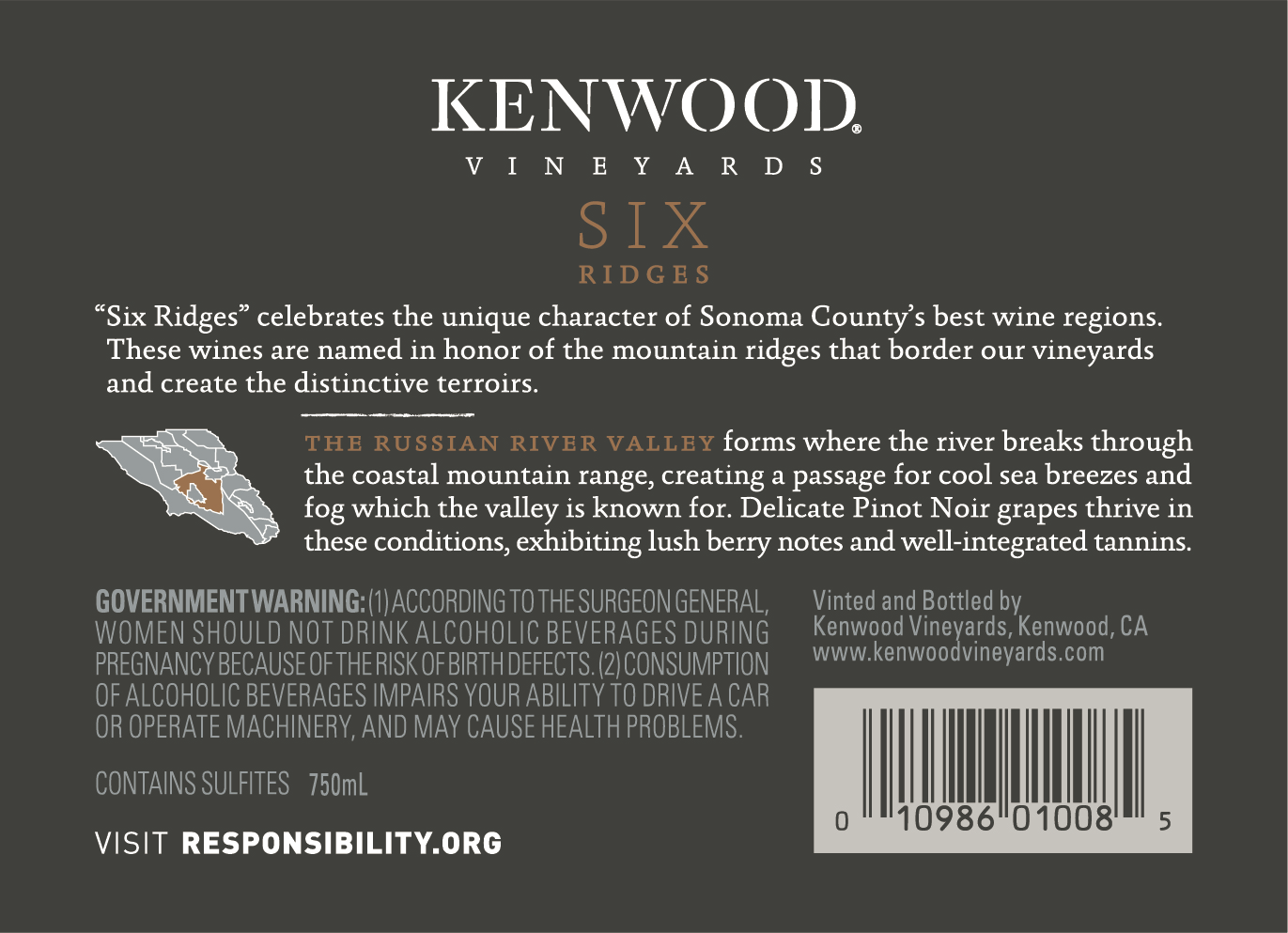 slide 7 of 8, Kenwood Core Kenwood Vineyards Six Ridges Pinot Noir 750mL, 29.6 Proof, 750 ml