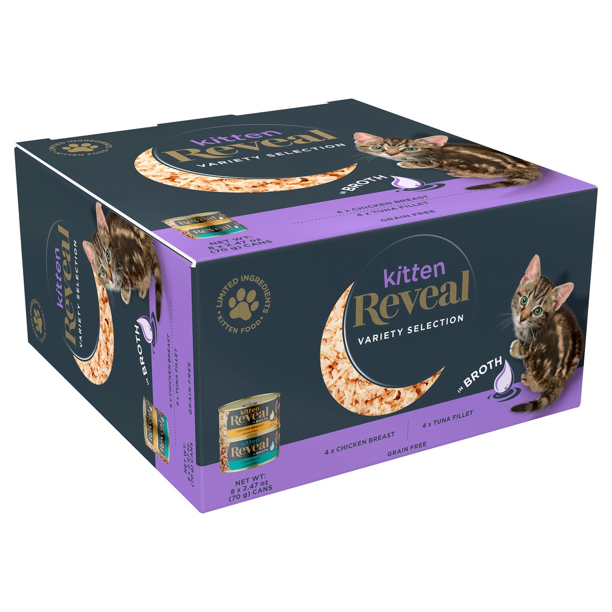 slide 4 of 6, Reveal Natural Wet Kitten Food Variety Pack in Broth 8 x 2.47 oz Can, 8 ct
