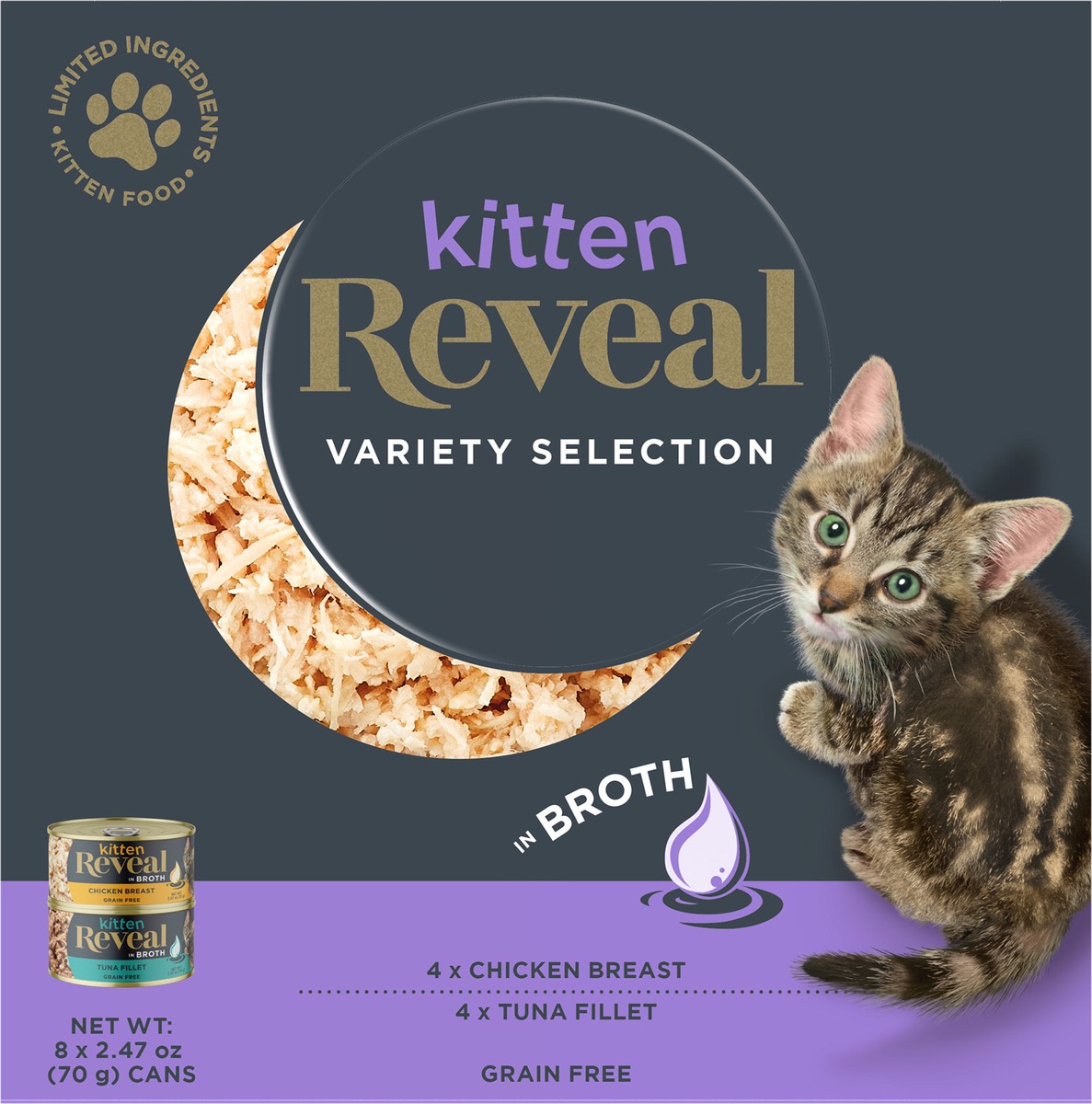 slide 5 of 6, Reveal Natural Wet Kitten Food Variety Pack in Broth 8 x 2.47 oz Can, 8 ct