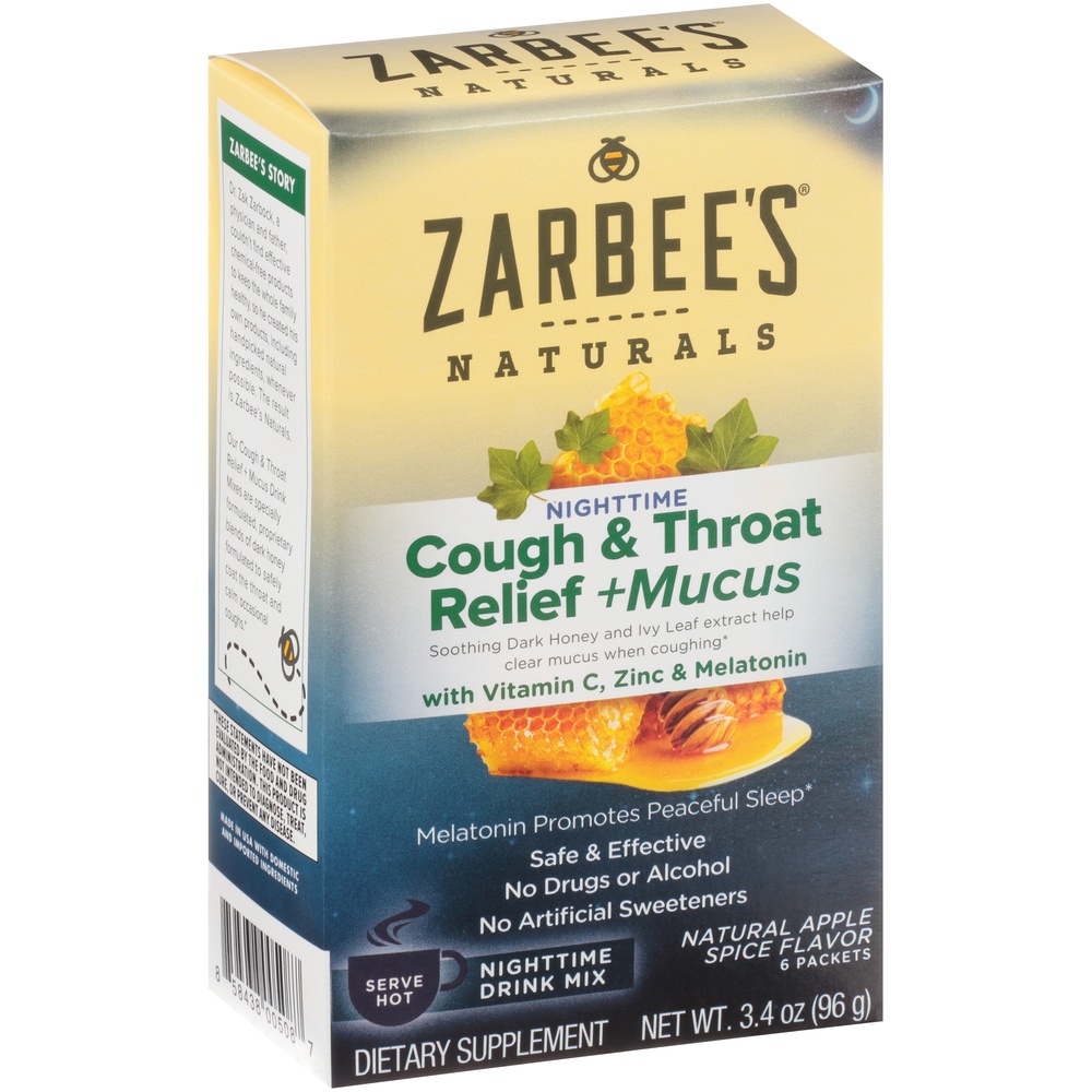 slide 2 of 6, Zarbee's Naturals Apple Spice Cough & Throat Relief + Mucus Nighttime Drink Mix, 3.4 oz