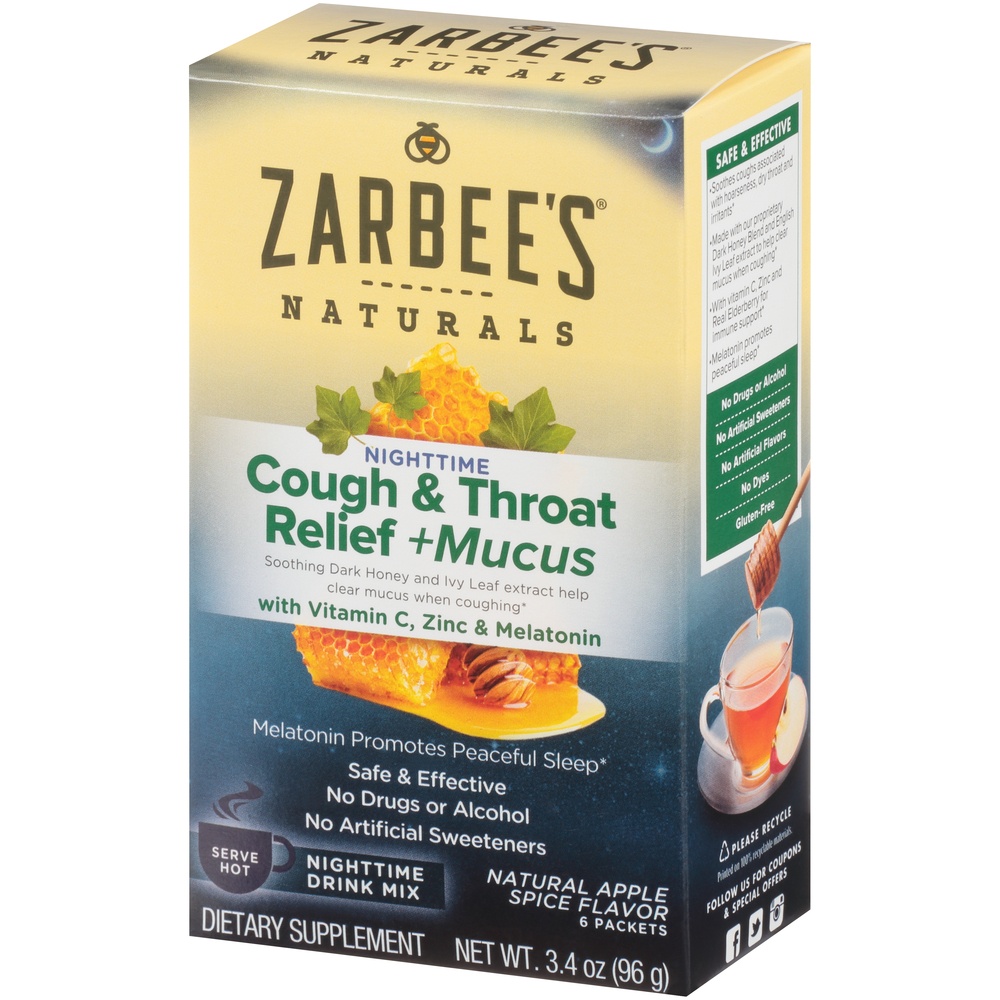 slide 3 of 6, Zarbee's Naturals Apple Spice Cough & Throat Relief + Mucus Nighttime Drink Mix, 3.4 oz