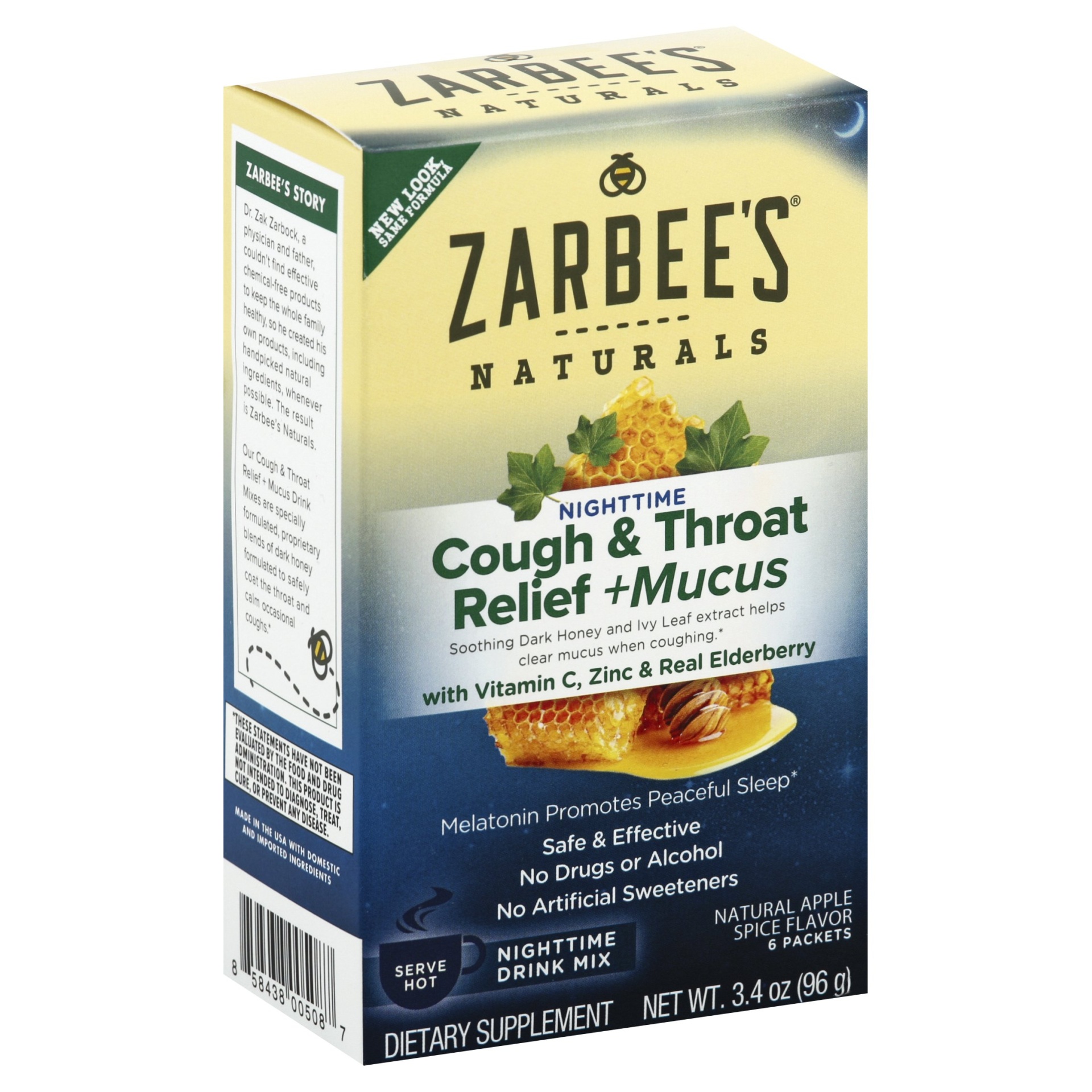 slide 1 of 6, Zarbee's Naturals Apple Spice Cough & Throat Relief + Mucus Nighttime Drink Mix, 3.4 oz