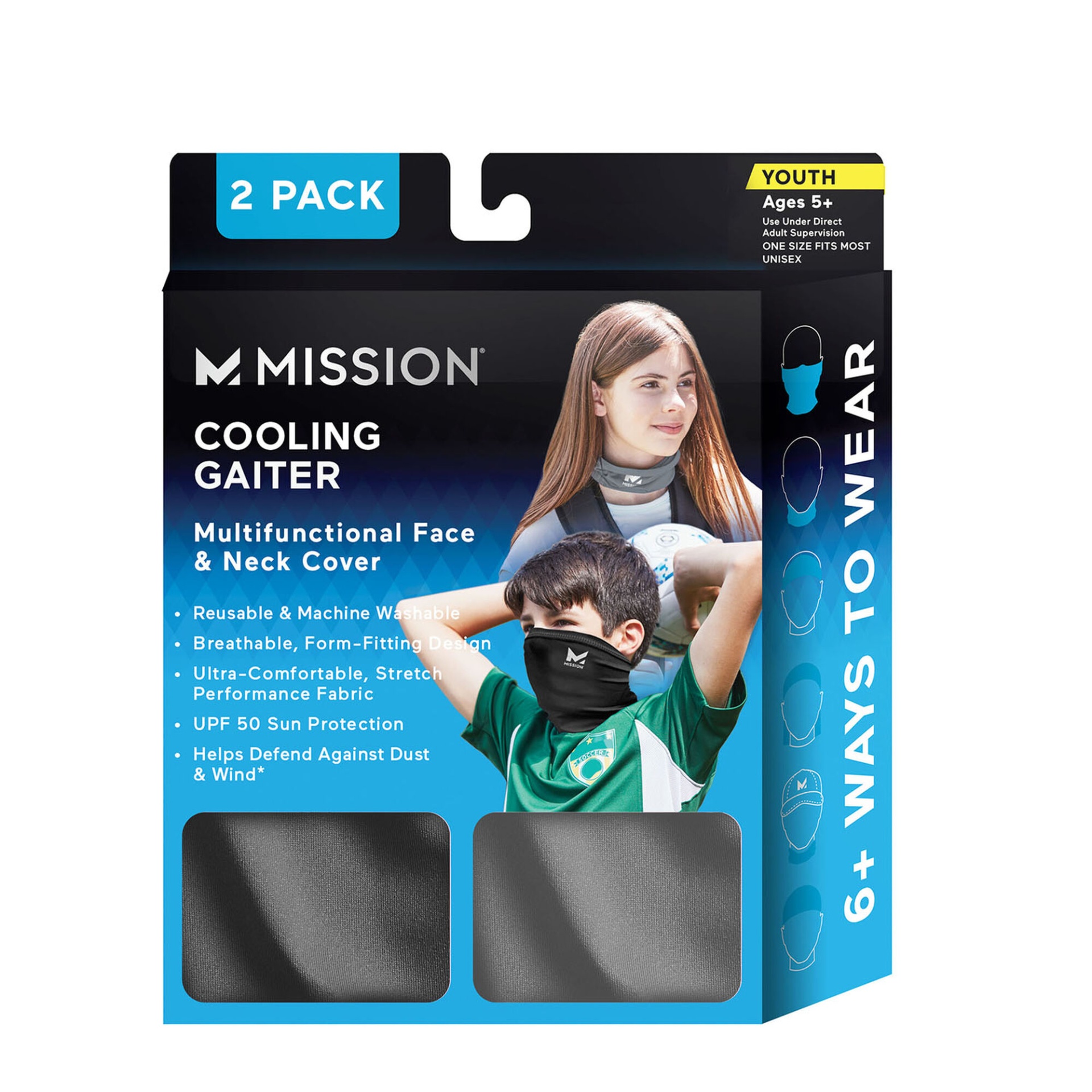 slide 1 of 1, Mission Youth Cooling Gaiter 2pk - Black & Charcoal, 2 ct