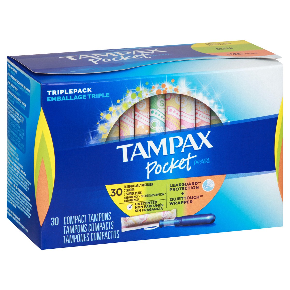 slide 2 of 8, Tampax Pocket Pearl Triple Pack Regular/Super/Super Plus Compact Unscented Tampons 30 ea, 30 ct