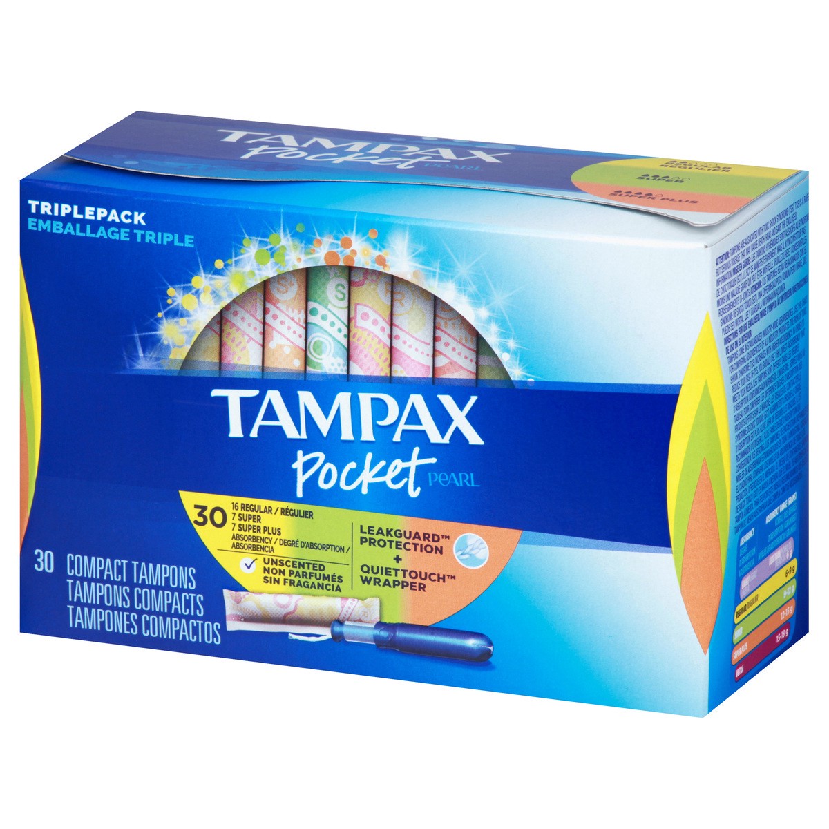 slide 3 of 8, Tampax Pocket Pearl Triple Pack Regular/Super/Super Plus Compact Unscented Tampons 30 ea, 30 ct