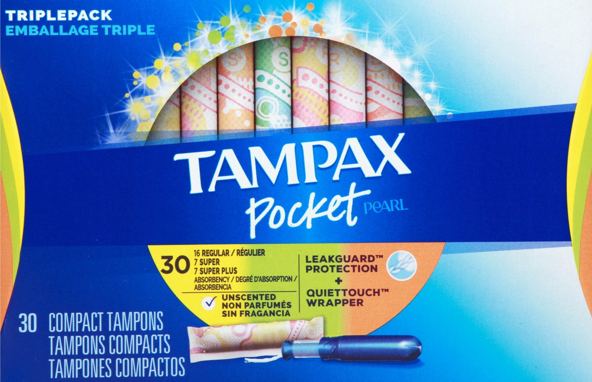 slide 7 of 8, Tampax Pocket Pearl Triple Pack Regular/Super/Super Plus Compact Unscented Tampons 30 ea, 30 ct