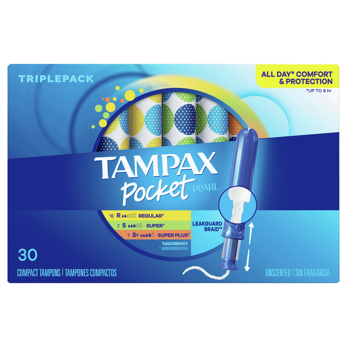 slide 1 of 8, Tampax Pocket Pearl Triple Pack Regular/Super/Super Plus Compact Unscented Tampons 30 ea, 30 ct