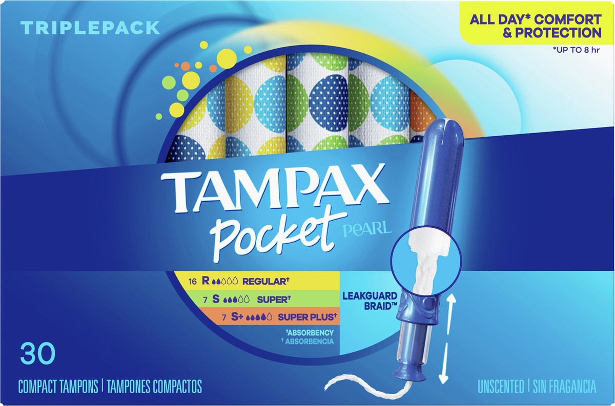 slide 1 of 8, Tampax Pocket Pearl Triple Pack Regular/Super/Super Plus Compact Unscented Tampons 30 ea, 30 ct