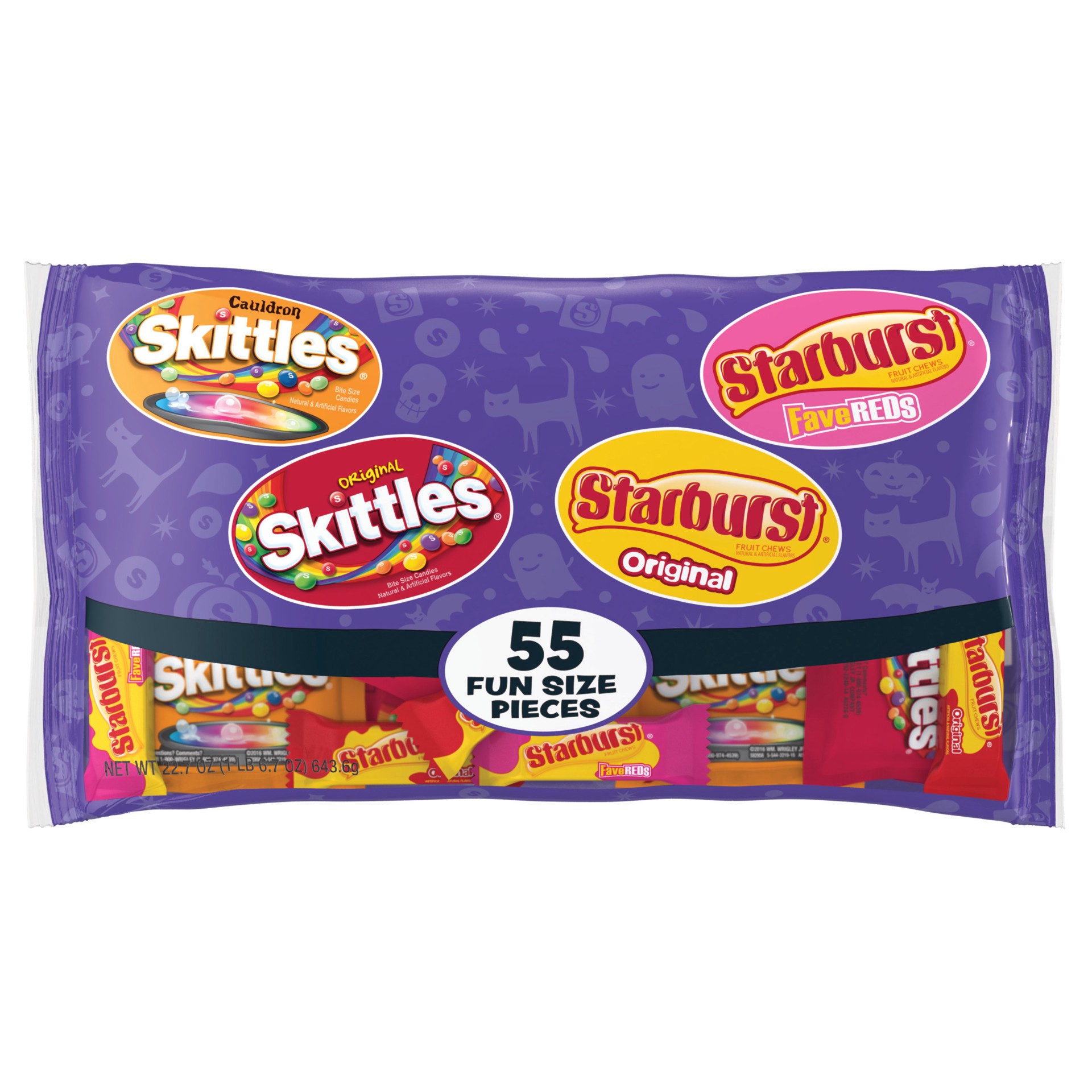 slide 1 of 6, Mixed SKITTLES & STARBURST Bulk Halloween Candy Bag, 55 Fun Size Pieces, 22 oz