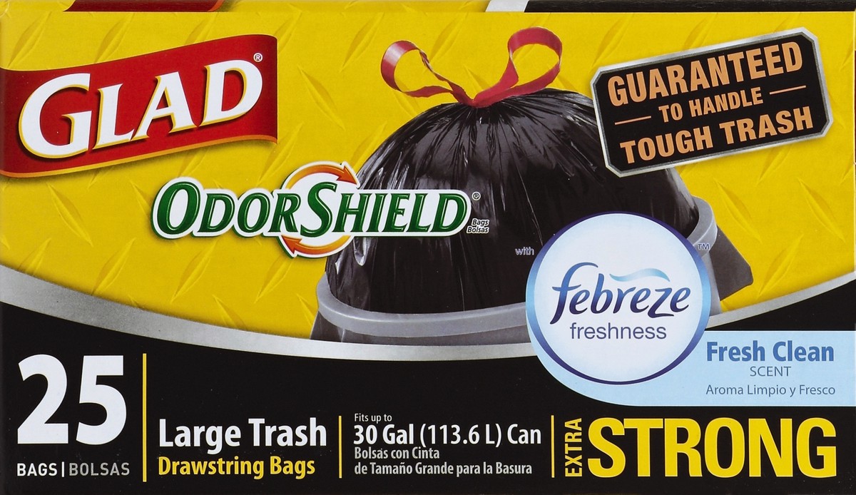 slide 2 of 6, Glad OdorShield Febreze Fresh Clean Scent Large Drawstring Bags, 25 ct