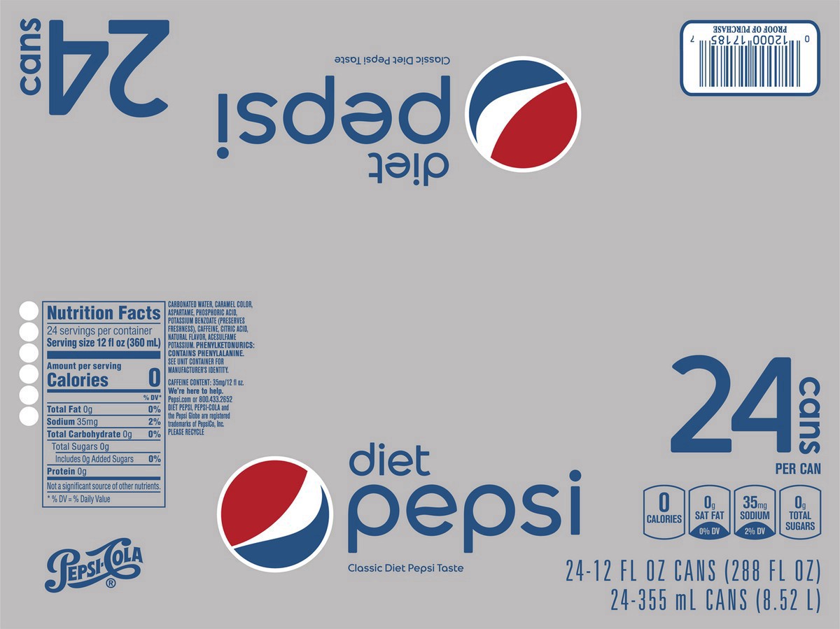 slide 4 of 7, Pepsi Diet Pepsi Soda Classic Cola 12 Fl Oz 24 Count, 24 ct; 12 fl oz