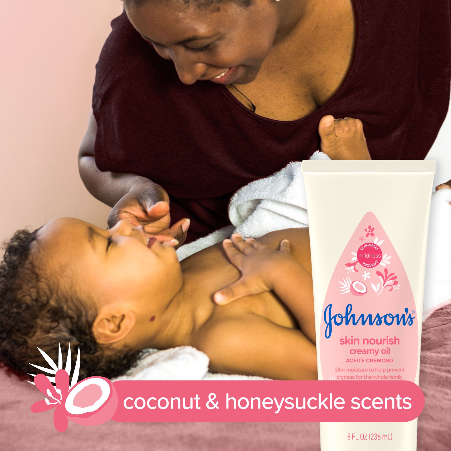 slide 8 of 9, Johnson's Johnsons Skin Nourish Creamy Oil, Coconut & Honeysuckle Scents, 8 Fl. Oz (236 mL), 8 fl oz