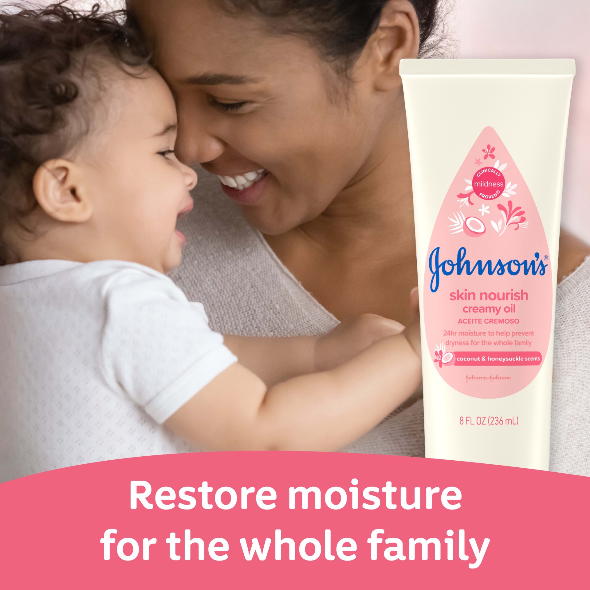 slide 3 of 9, Johnson's Johnsons Skin Nourish Creamy Oil, Coconut & Honeysuckle Scents, 8 Fl. Oz (236 mL), 8 fl oz