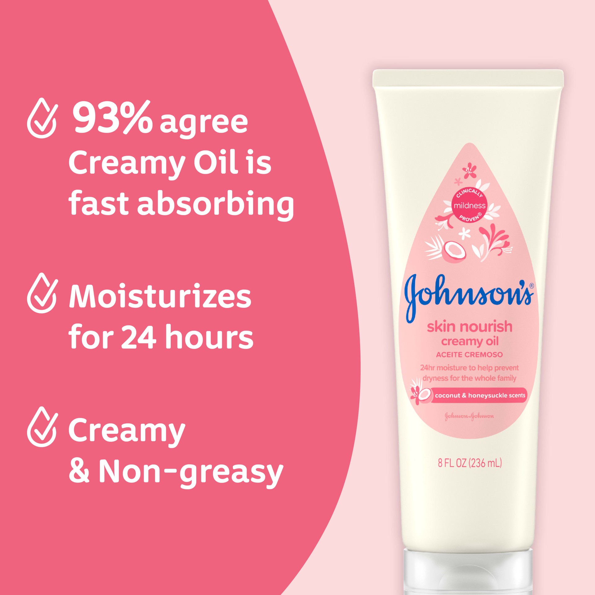 slide 6 of 9, Johnson's Johnsons Skin Nourish Creamy Oil, Coconut & Honeysuckle Scents, 8 Fl. Oz (236 mL), 8 fl oz