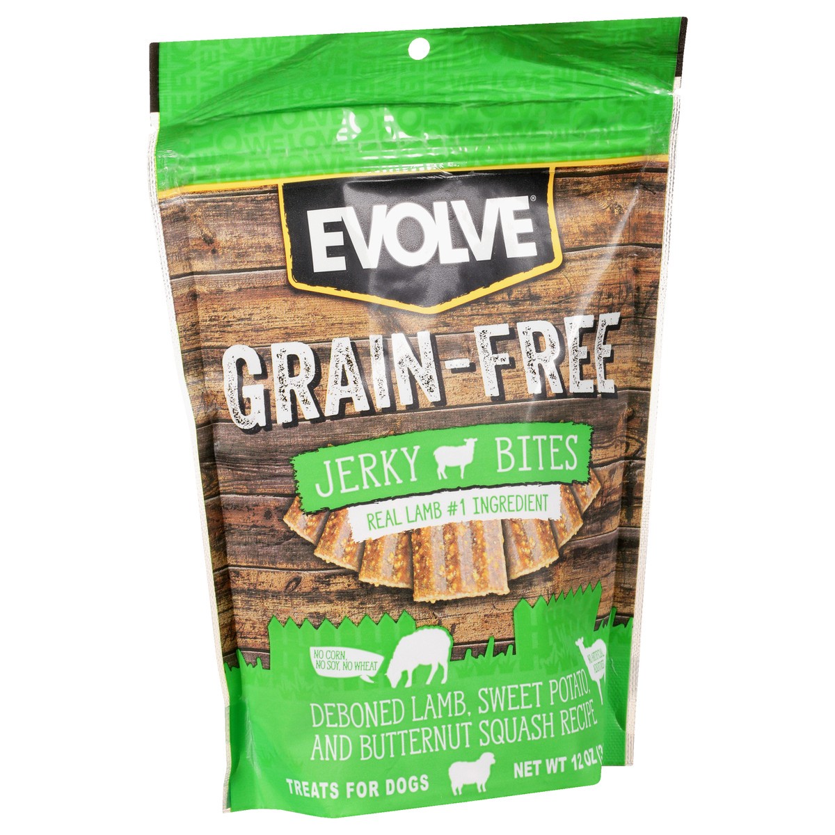 slide 5 of 9, Evolve Grain-Free Jerky Bites Deboned Lamb Sweet Potato and Butternut Squash Recipe Treats for Dogs 12 oz, 12 oz