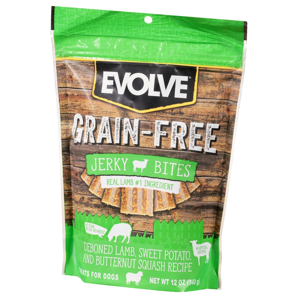 slide 3 of 9, Evolve Grain-Free Jerky Bites Deboned Lamb Sweet Potato and Butternut Squash Recipe Treats for Dogs 12 oz, 12 oz