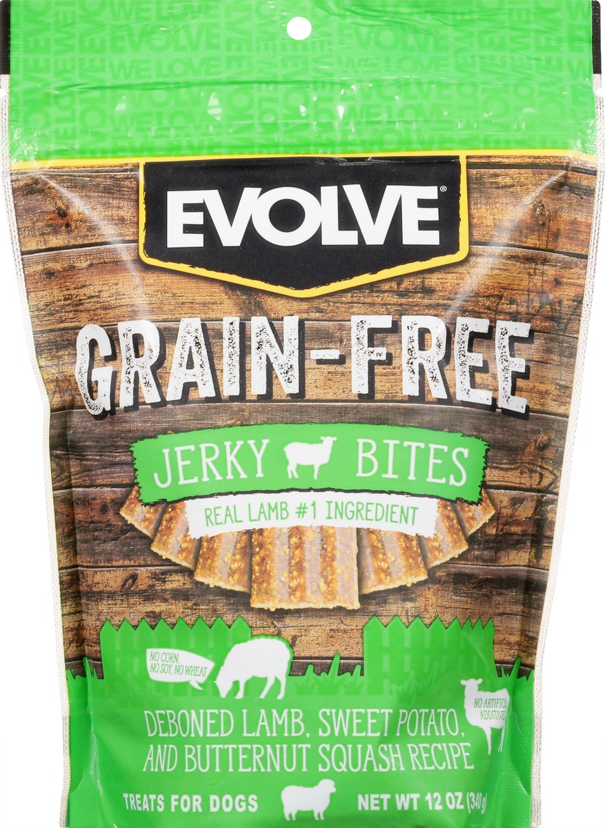 slide 9 of 9, Evolve Grain-Free Jerky Bites Deboned Lamb Sweet Potato and Butternut Squash Recipe Treats for Dogs 12 oz, 12 oz
