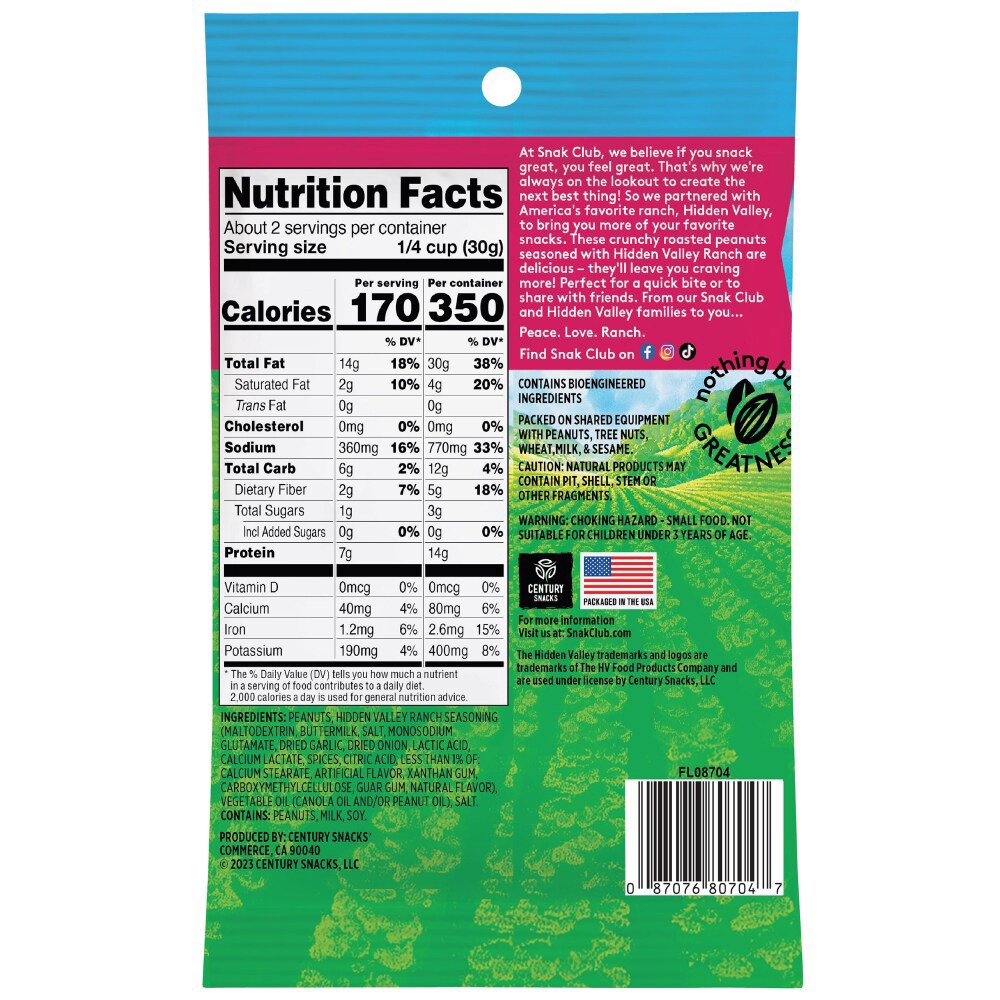 slide 4 of 4, Snak Club Hidden Valley Ranch Seasoned Peanuts, 2.25 oz